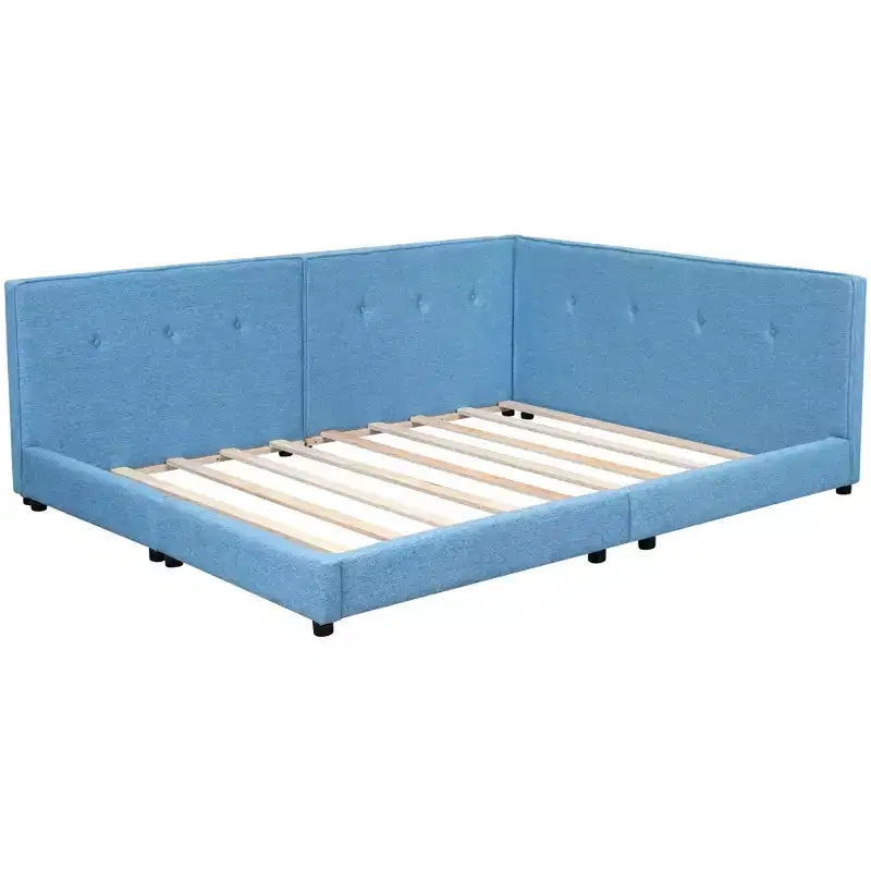 Lit de repos d'angle en forme de L, canapé-lit rembourré avec ports USB, cadre de lit plateforme capitonné en lin avec tête de lit