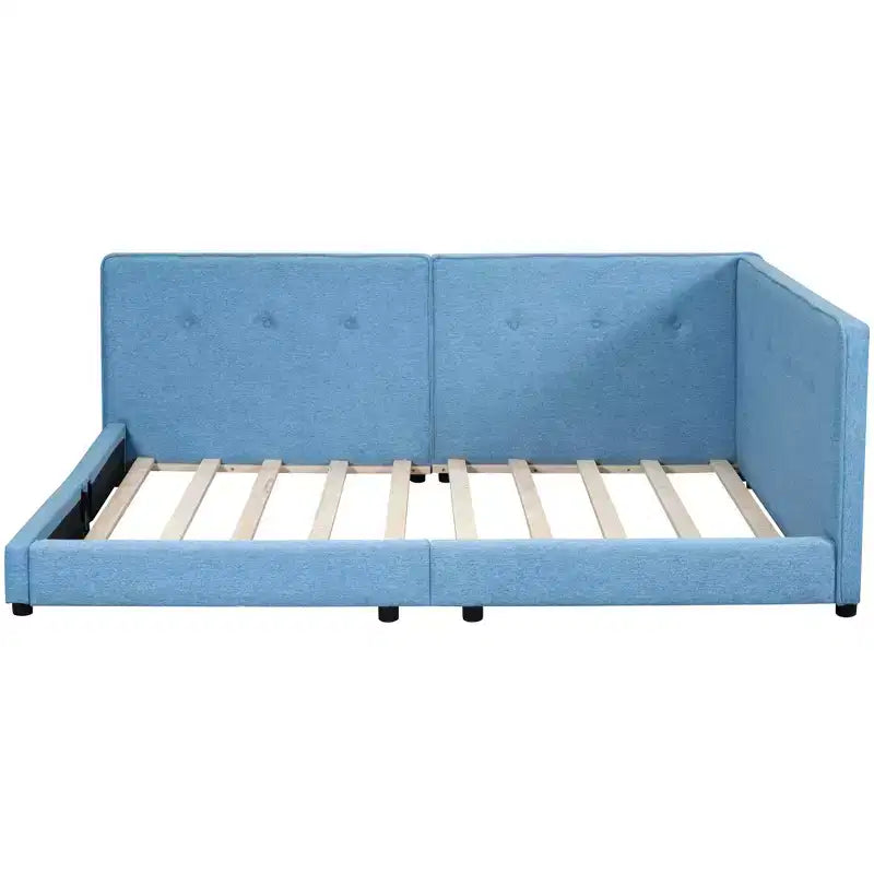 Lit de repos d'angle en forme de L, canapé-lit rembourré avec ports USB, cadre de lit plateforme capitonné en lin avec tête de lit