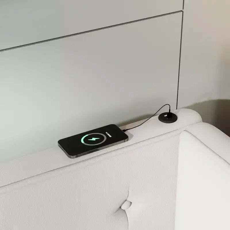 Lit de repos d'angle en forme de L, canapé-lit rembourré avec ports USB, cadre de lit plateforme capitonné en lin avec tête de lit