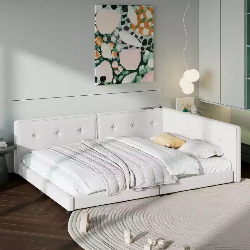 Lit de repos d'angle en forme de L, canapé-lit rembourré avec ports USB, cadre de lit plateforme capitonné en lin avec tête de lit