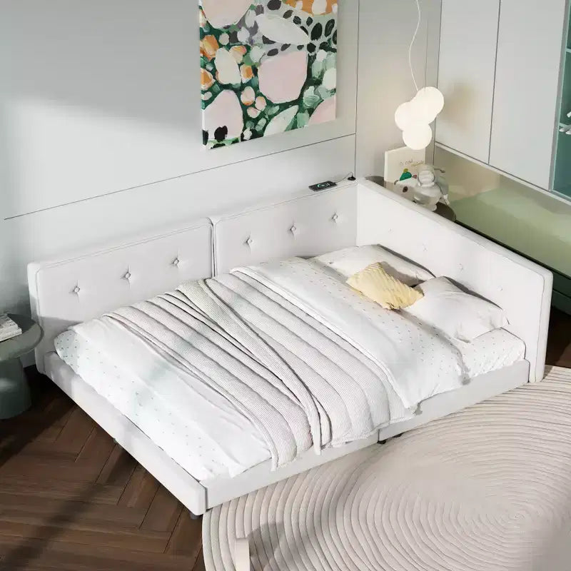 Lit de repos d'angle en forme de L, canapé-lit rembourré avec ports USB, cadre de lit plateforme capitonné en lin avec tête de lit