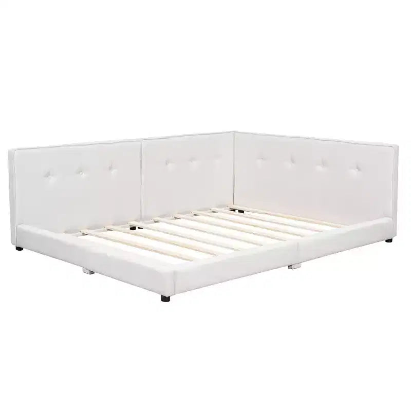 Lit de repos d'angle en forme de L, canapé-lit rembourré avec ports USB, cadre de lit plateforme capitonné en lin avec tête de lit