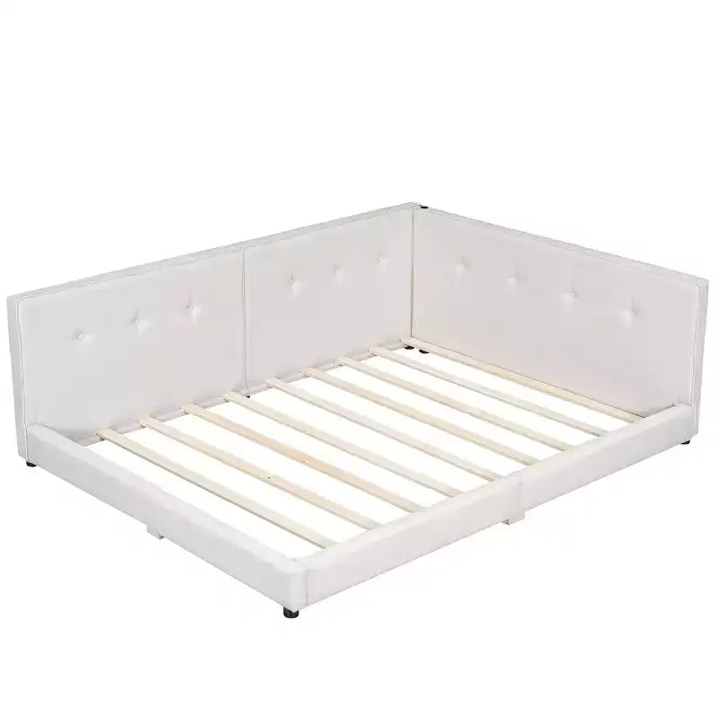 Lit de repos d'angle en forme de L, canapé-lit rembourré avec ports USB, cadre de lit plateforme capitonné en lin avec tête de lit