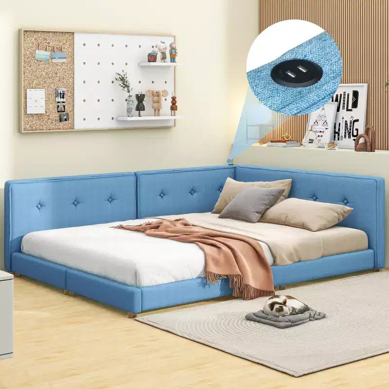 Lit de repos d'angle en forme de L, canapé-lit rembourré avec ports USB, cadre de lit plateforme capitonné en lin avec tête de lit