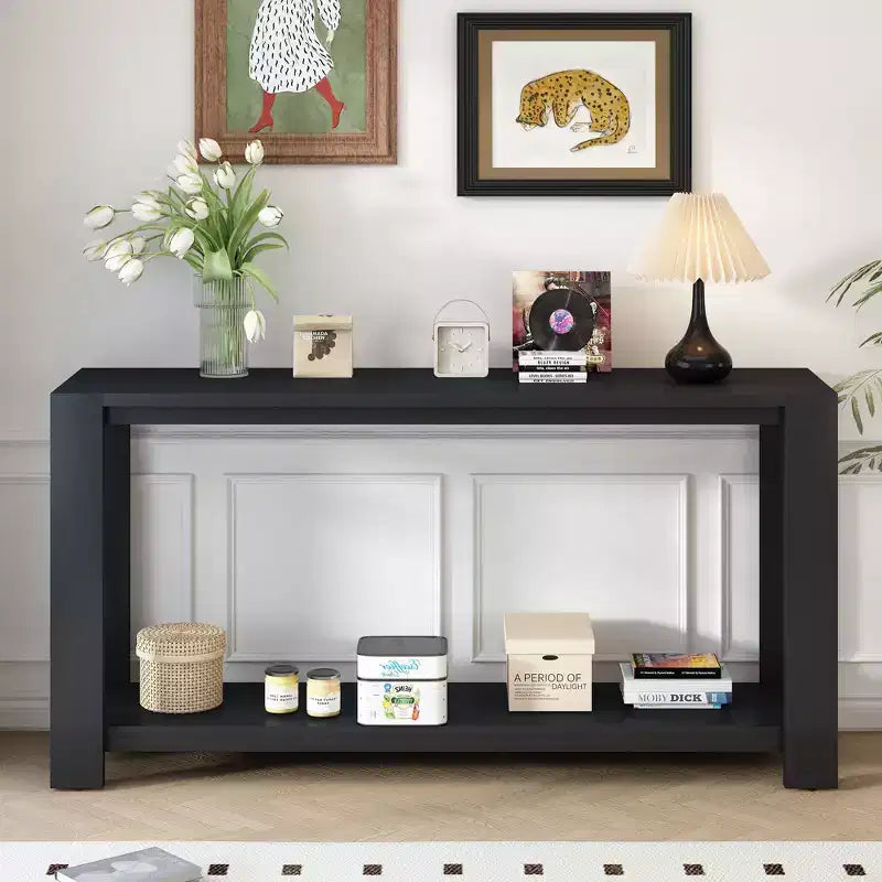Okak Minimalist Long Console Table with Large Bottom Shelf, Entryway Table with 4 Wide Legs, Accent Table for Living Room, Hallway, Black