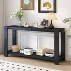 Table console longue minimaliste avec grande étagère inférieure, table d'entrée avec 4 pieds larges, table d'appoint pour salon, couloir, noir