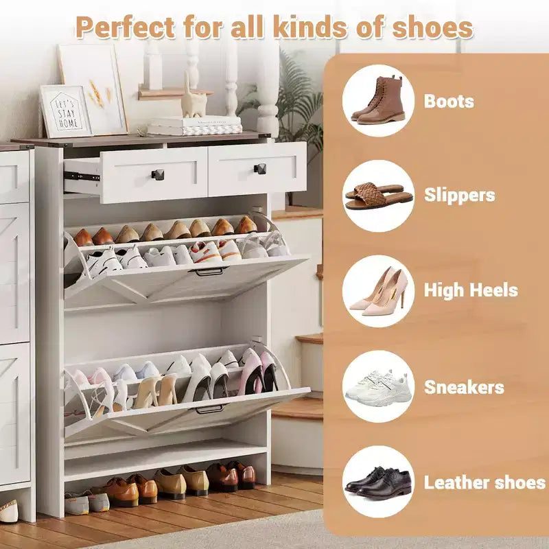 Meuble à chaussures avec 2 tiroirs à abattant et 2 armoires de rangement, Meuble à chaussures d'entrée, Meuble à chaussures en bois style ferme pour couloir, entrée, Blanc