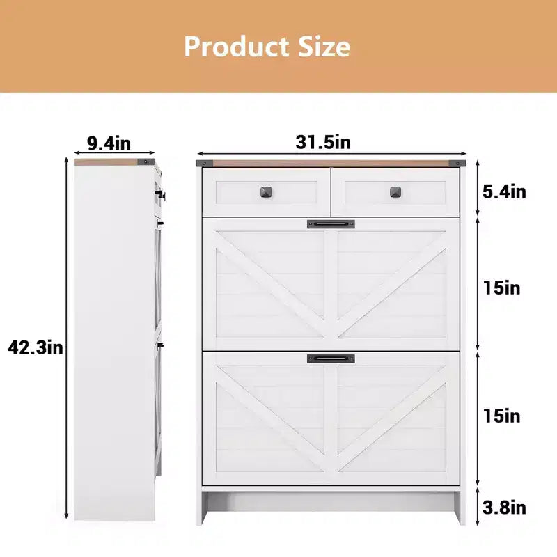 Meuble à chaussures avec 2 tiroirs à abattant et 2 armoires de rangement, Meuble à chaussures d'entrée, Meuble à chaussures en bois style ferme pour couloir, entrée, Blanc