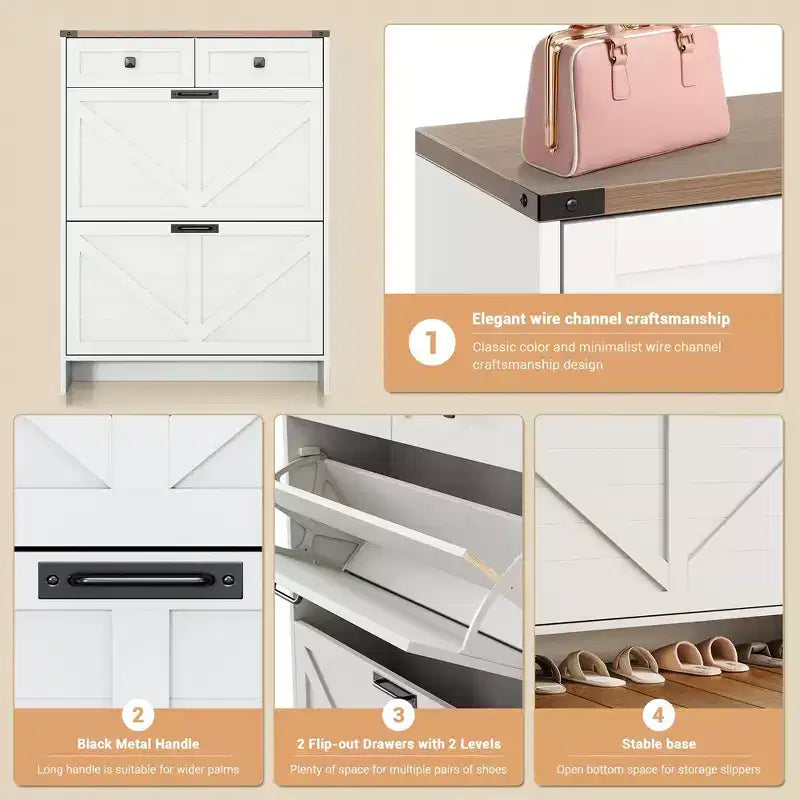 Meuble à chaussures avec 2 tiroirs à abattant et 2 armoires de rangement, Meuble à chaussures d'entrée, Meuble à chaussures en bois style ferme pour couloir, entrée, Blanc