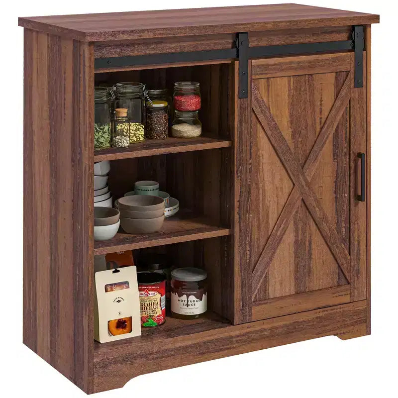 Farmhouse Kitchen Sideboard Buffet Cabinet Coffee Bar Cabinet with Sliding Barn Door and Adjustable Shelf