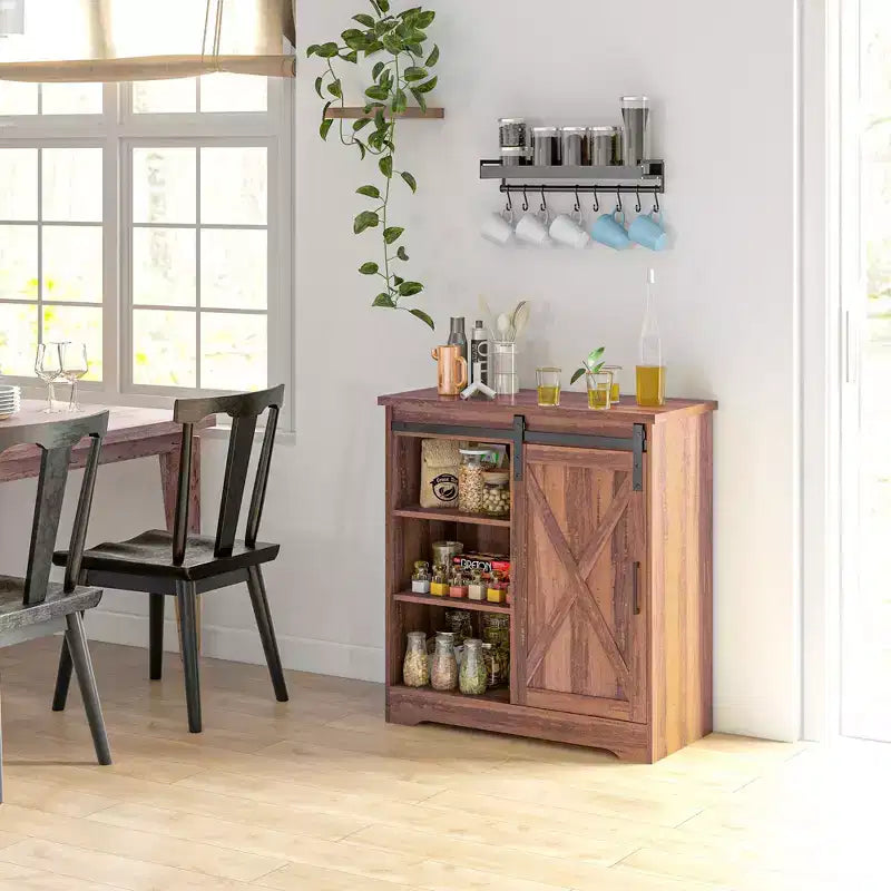 Meuble de buffet de cuisine de ferme, comptoir de café avec porte coulissante de style grange et étagère réglable