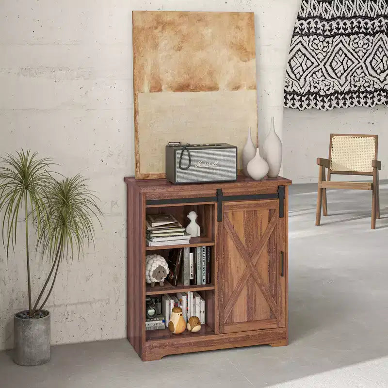 Meuble de buffet de cuisine de ferme, comptoir de café avec porte coulissante de style grange et étagère réglable