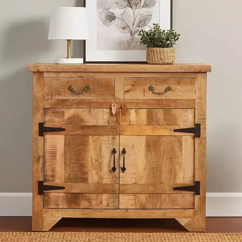 Royal Hampton 39 Inch Artisanal Farmhouse Style 2 Drawer Mango Wood Cabinet Console with 2 Door Storage