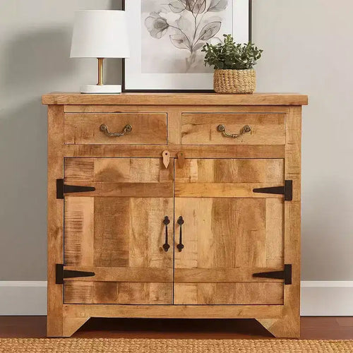Royal Hampton 39 Inch Artisanal Farmhouse Style 2 Drawer Mango Wood Cabinet Console with 2 Door Storage