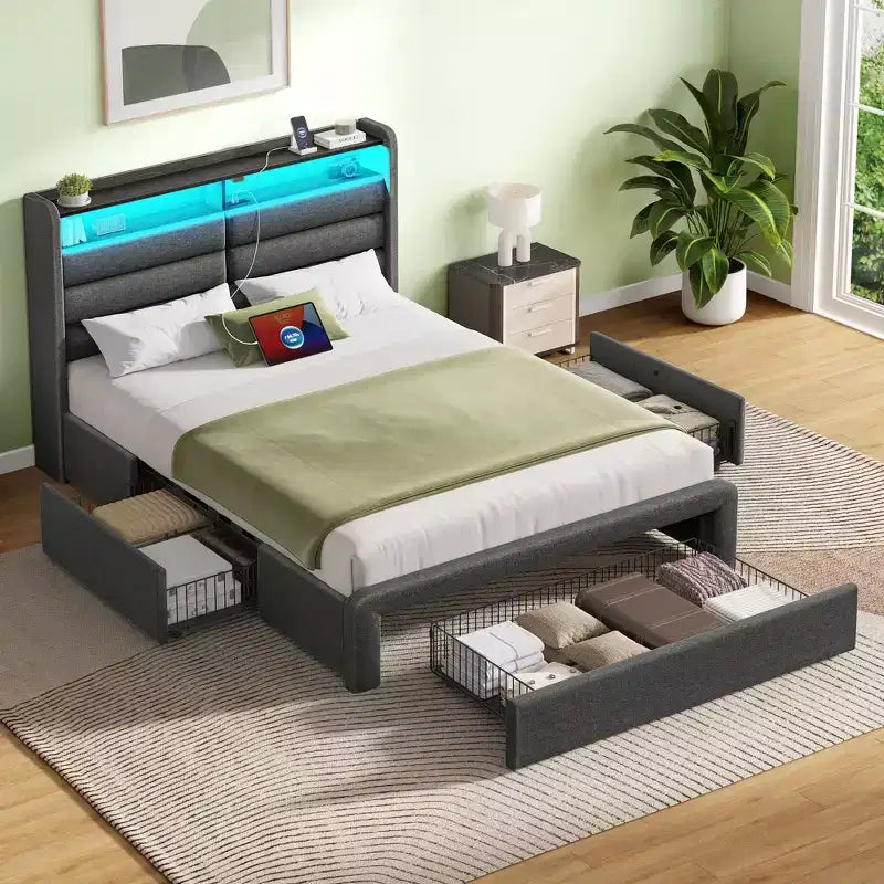 Lit rembourré avec tiroirs de rangement, tête de lit capitonnée et éclairage LED
