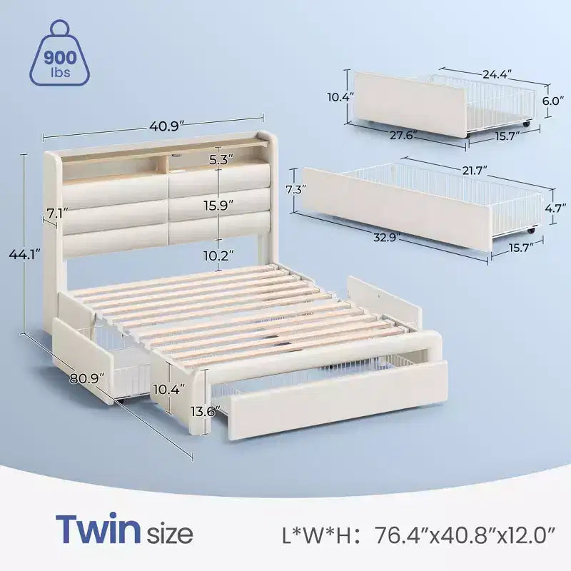 Lit rembourré avec tiroirs de rangement, tête de lit capitonnée et éclairage LED