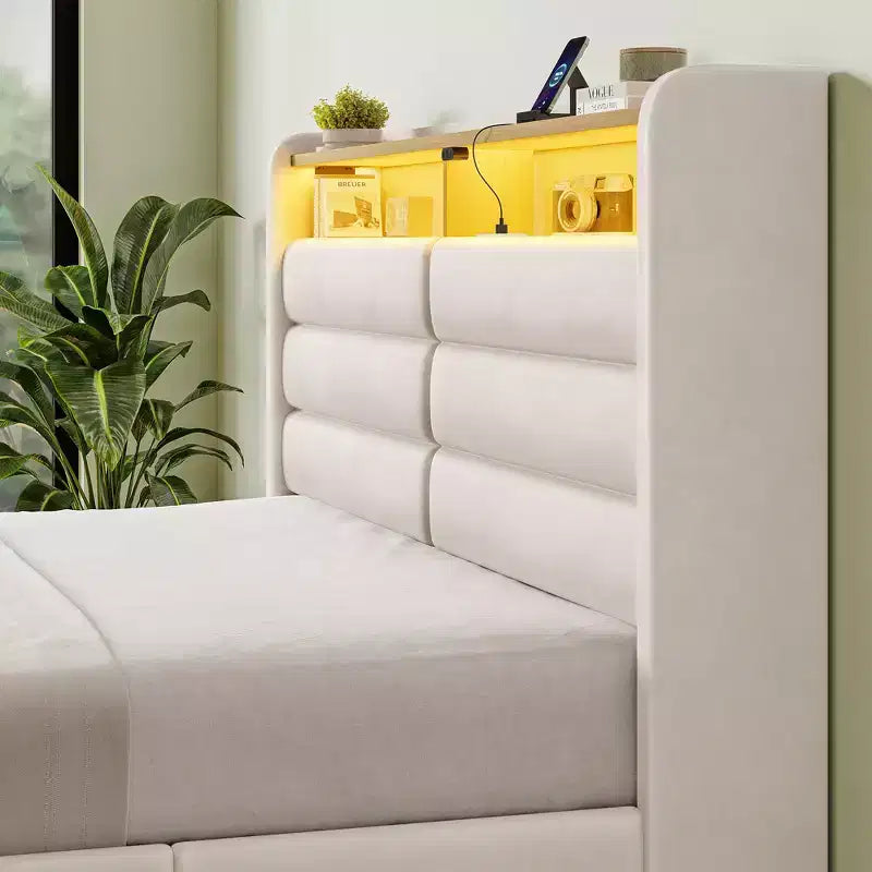 Lit rembourré avec tiroirs de rangement, tête de lit capitonnée et éclairage LED