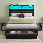 Greenstell Bed Frame with Storage Drawers ,Upholstered Storage Headboard & Charging Station and LED Light & Storage Drawers