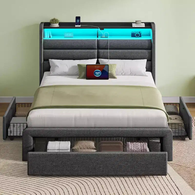 Lit rembourré avec tiroirs de rangement, tête de lit capitonnée et éclairage LED