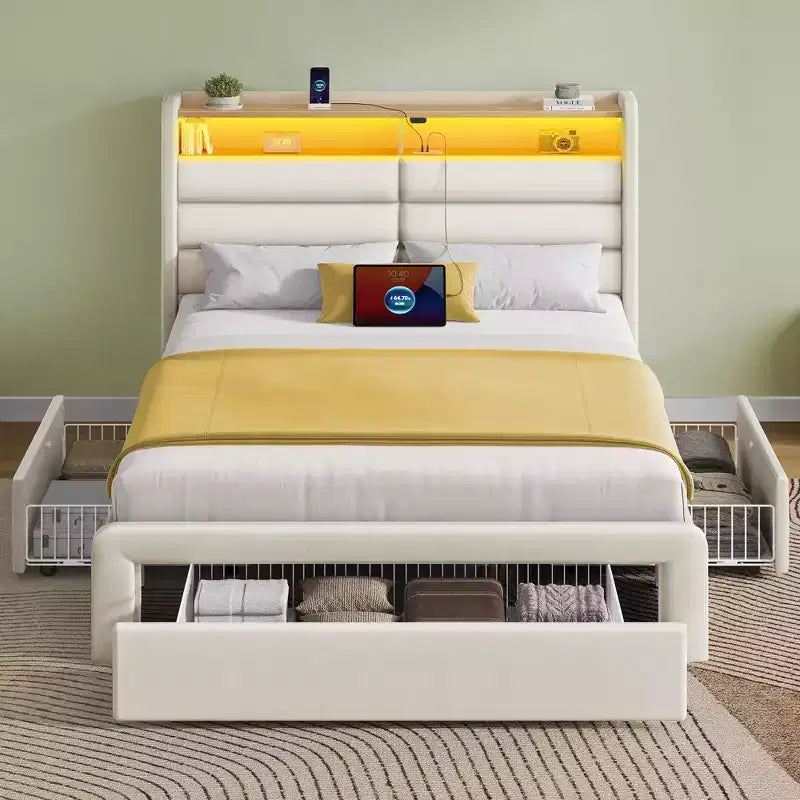 Lit rembourré avec tiroirs de rangement, tête de lit capitonnée et éclairage LED