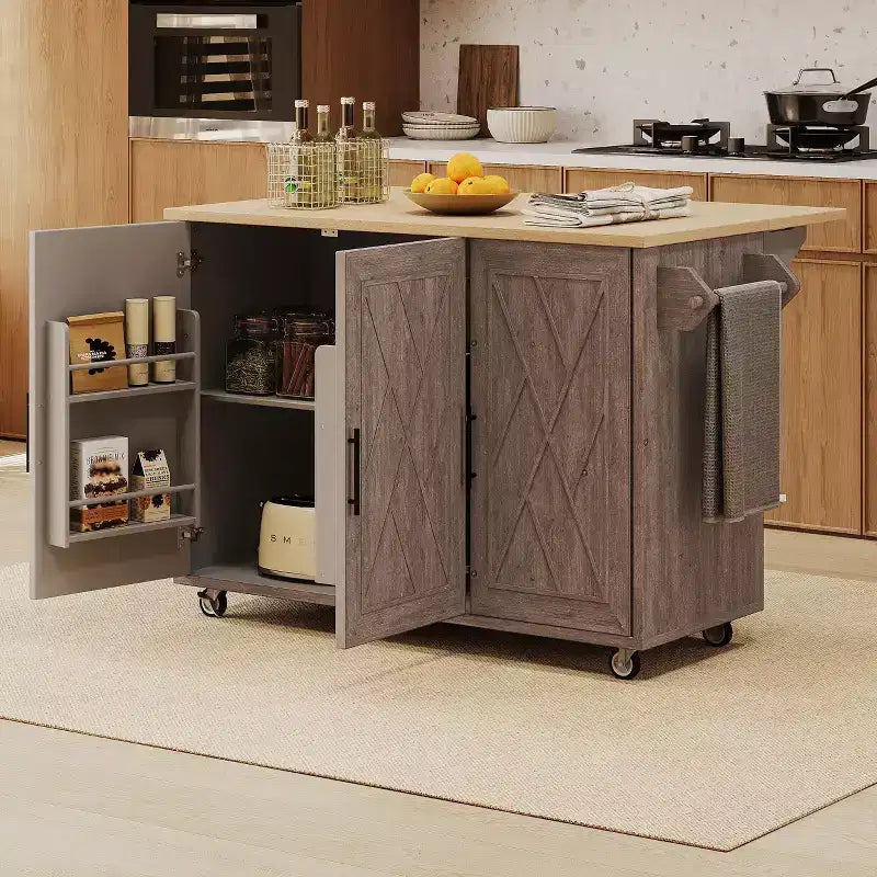 Îlot de cuisine avec motif texturé à rayures sergées géométriques, chariot de cuisine avec abattant et étagère de rangement interne pour cuisine, salle à manger