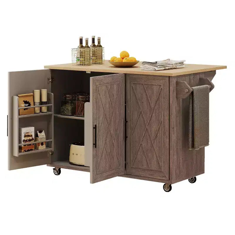 Îlot de cuisine avec motif texturé à rayures sergées géométriques, chariot de cuisine avec abattant et étagère de rangement interne pour cuisine, salle à manger