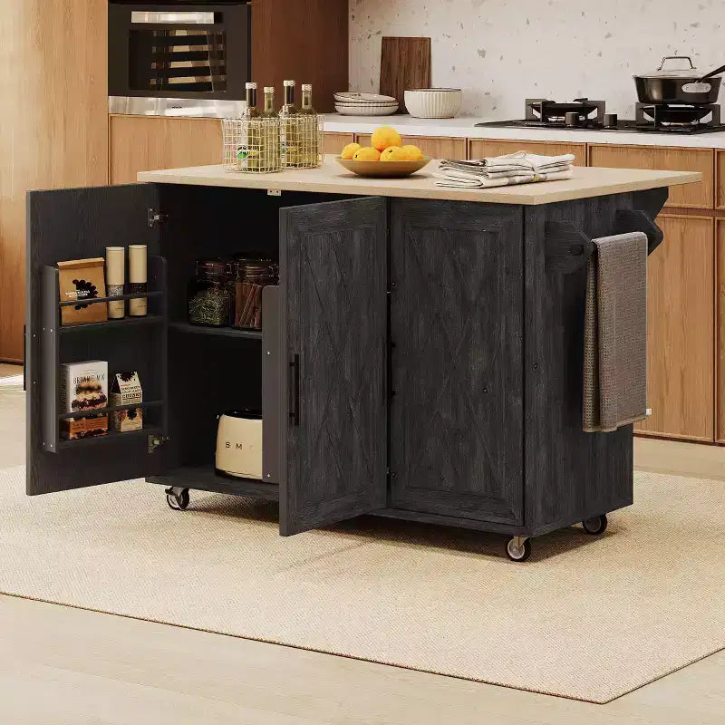 Îlot de cuisine avec motif texturé à rayures sergées géométriques, chariot de cuisine avec abattant et étagère de rangement interne pour cuisine, salle à manger