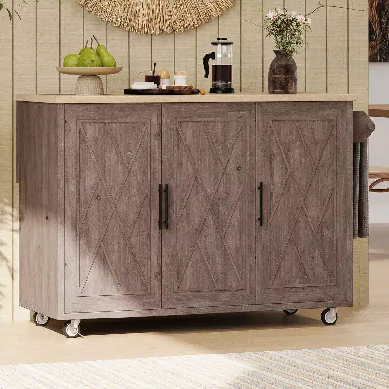 Okak Kitchen Island with Geometric Twill Stripe Textured Design, Kitchen Cart with Drop Leaf and Internal Storage Rack for Kitchen, Dining Room