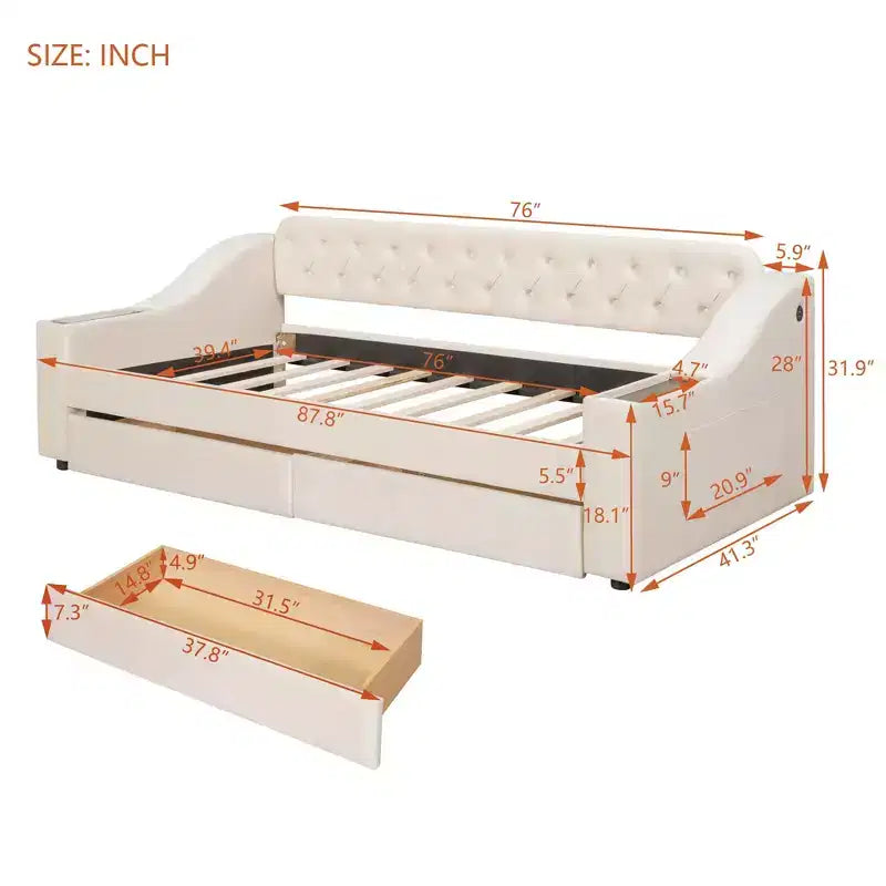 Lit de repos rembourré jumeau avec 2 tiroirs de rangement, accoudoirs et ports USB, canapé-lit à dossier touffeté pour salon