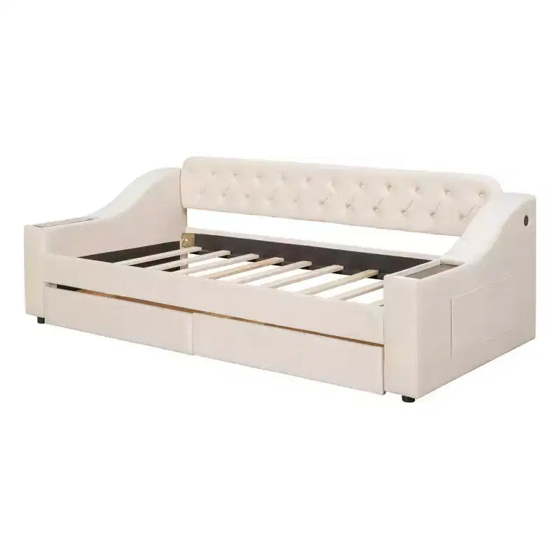 Lit de repos rembourré jumeau avec 2 tiroirs de rangement, accoudoirs et ports USB, canapé-lit à dossier touffeté pour salon
