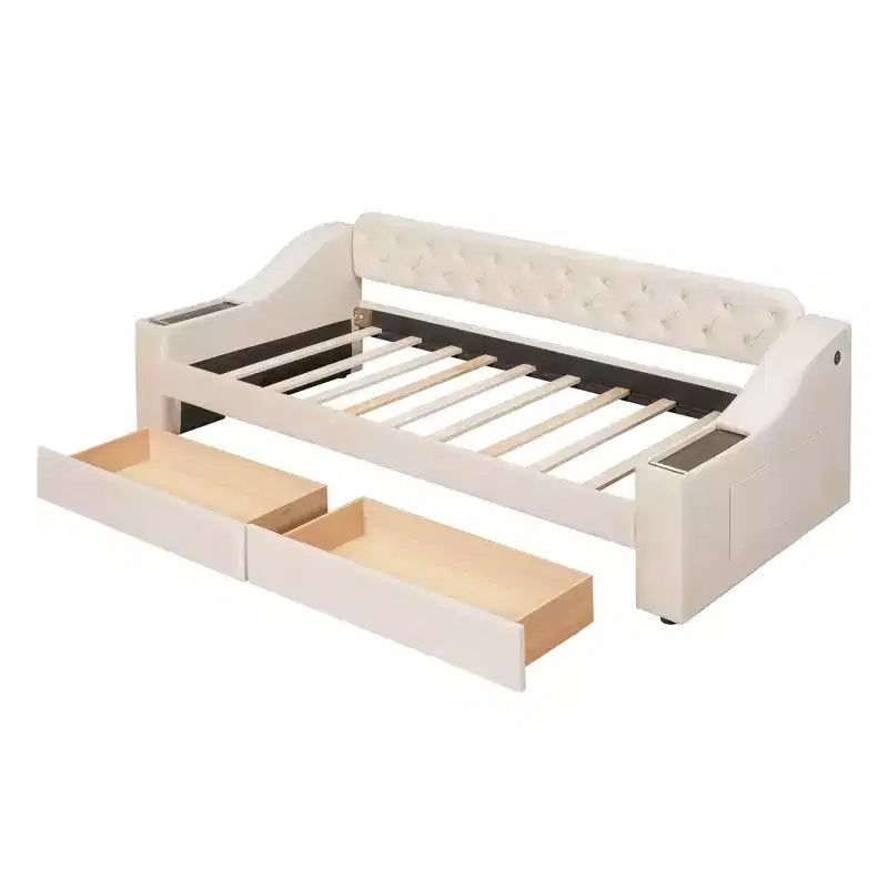Lit de repos rembourré jumeau avec 2 tiroirs de rangement, accoudoirs et ports USB, canapé-lit à dossier touffeté pour salon