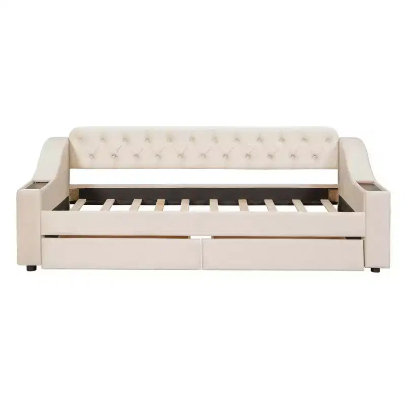 Lit de repos rembourré jumeau avec 2 tiroirs de rangement, accoudoirs et ports USB, canapé-lit à dossier touffeté pour salon