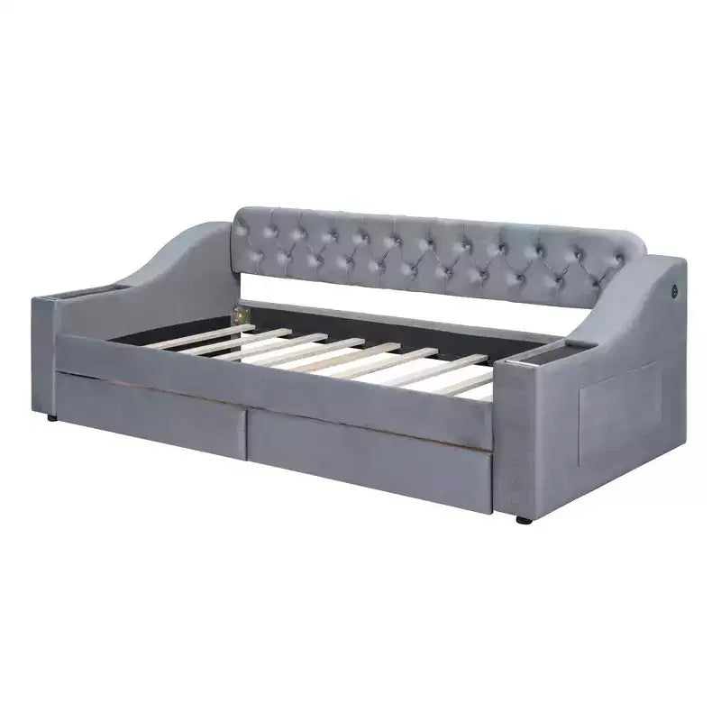 Lit de repos rembourré jumeau avec 2 tiroirs de rangement, accoudoirs et ports USB, canapé-lit à dossier touffeté pour salon