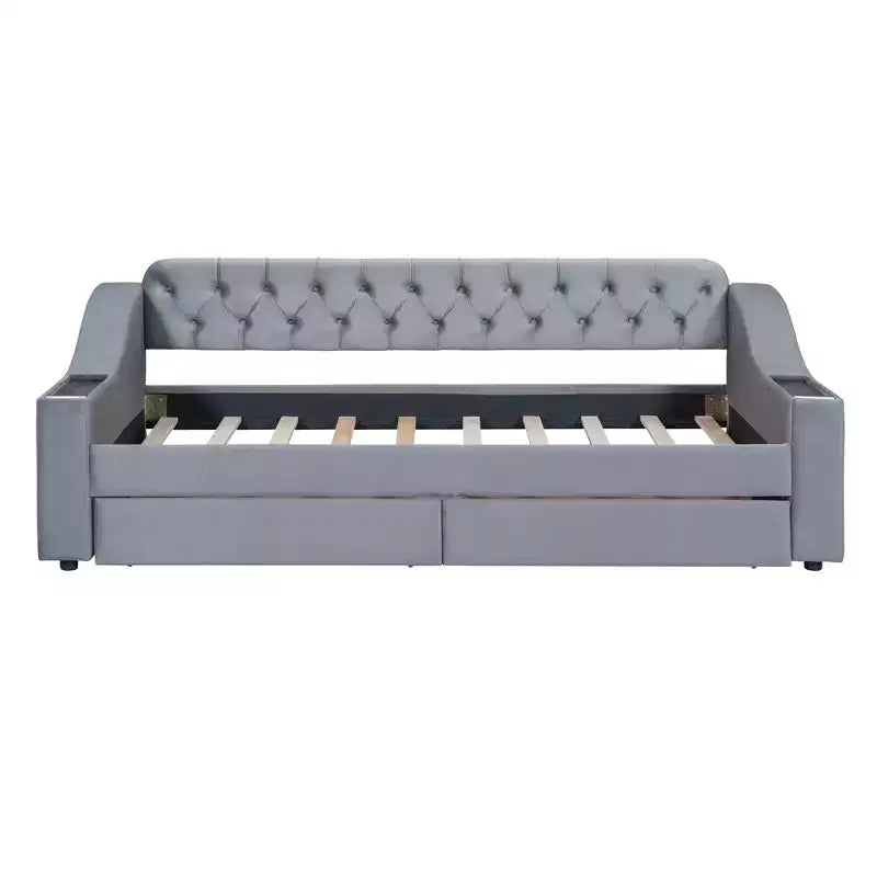 Lit de repos rembourré jumeau avec 2 tiroirs de rangement, accoudoirs et ports USB, canapé-lit à dossier touffeté pour salon
