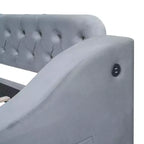 Lit de repos rembourré jumeau avec 2 tiroirs de rangement, accoudoirs et ports USB, canapé-lit à dossier touffeté pour salon