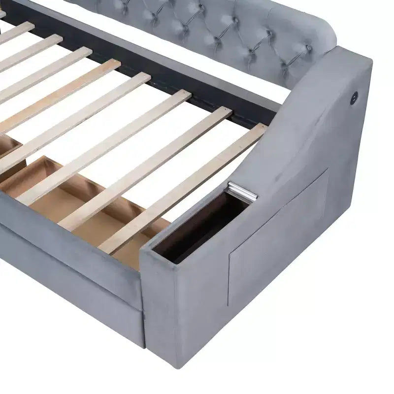 Lit de repos rembourré jumeau avec 2 tiroirs de rangement, accoudoirs et ports USB, canapé-lit à dossier touffeté pour salon