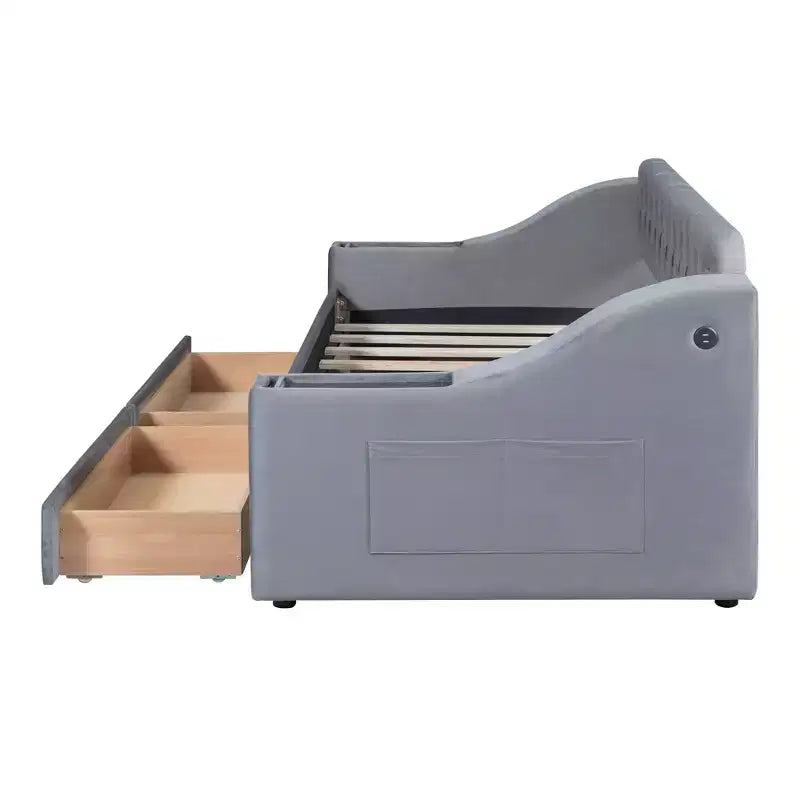Lit de repos rembourré jumeau avec 2 tiroirs de rangement, accoudoirs et ports USB, canapé-lit à dossier touffeté pour salon