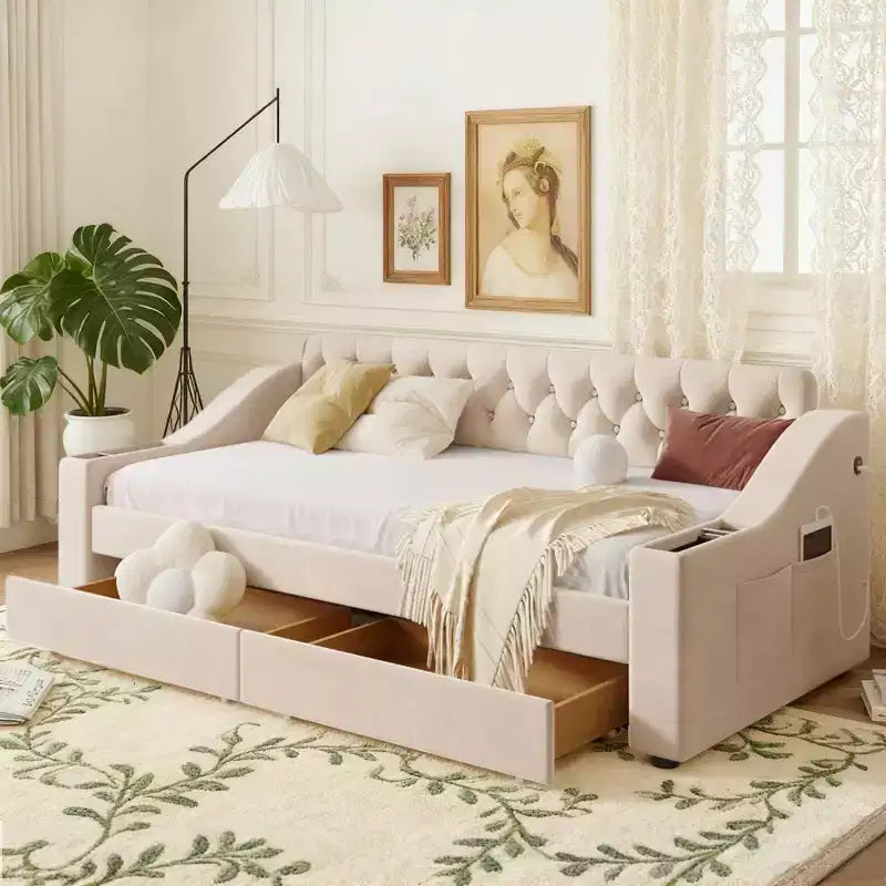Luxystar Twin Size Upholstered Daybed with 2 Storage Drawers, Armrests and USB Ports, Tufted Backrest Sofa Bed for Living Room