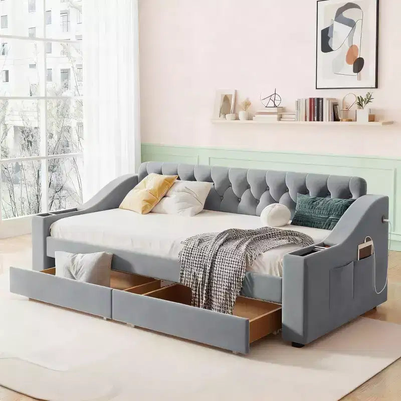 Lit de repos rembourré jumeau avec 2 tiroirs de rangement, accoudoirs et ports USB, canapé-lit à dossier touffeté pour salon