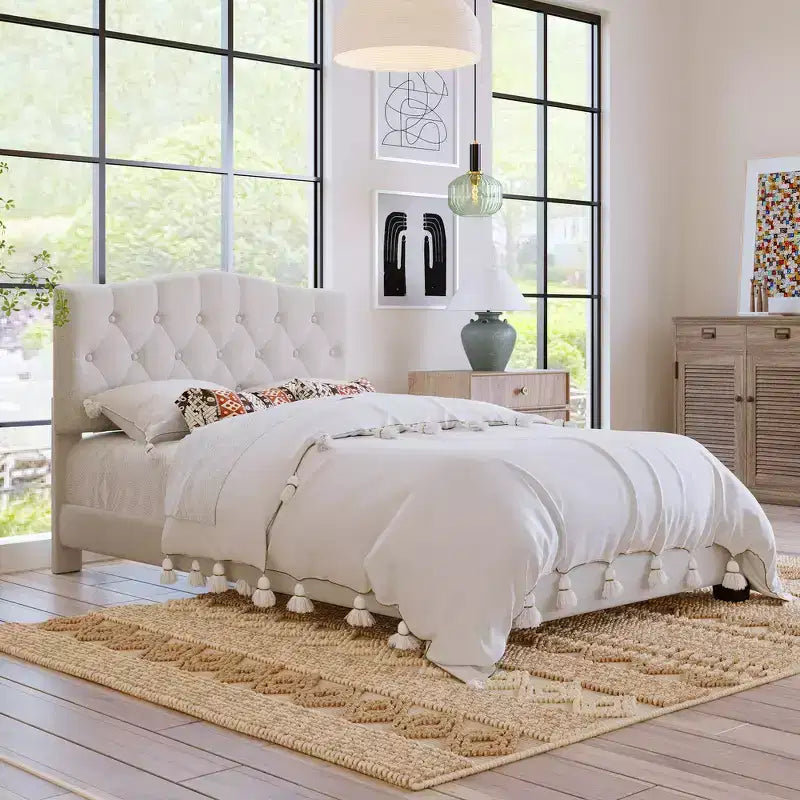 Whisen Full Upholstered Platform Bed with Saddle Curved Adjustable Headboard and Diamond Tufted Details