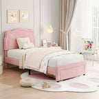 Twin Size Velvet Princess Platform Bed Frame, Adjustable Bear Headboard, Wooden Slats Support, No Box Spring Needed, Easy Assembly