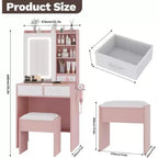 Coiffeuse de Maquillage avec Miroir et Lumières, Table de Maquillage avec Tiroirs et Prise de Courant pour Chambre de Fille Petit Espace