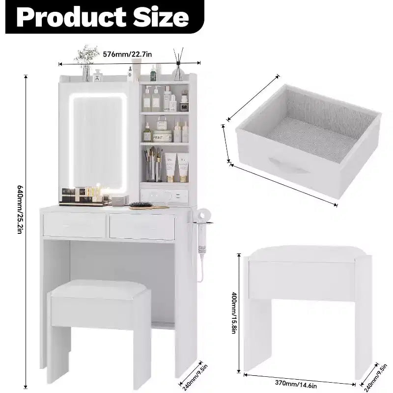 Coiffeuse de Maquillage avec Miroir et Lumières, Table de Maquillage avec Tiroirs et Prise de Courant pour Chambre de Fille Petit Espace