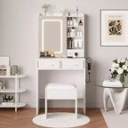 Coiffeuse de Maquillage avec Miroir et Lumières, Table de Maquillage avec Tiroirs et Prise de Courant pour Chambre de Fille Petit Espace