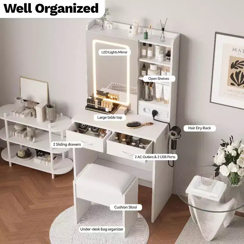 Coiffeuse de Maquillage avec Miroir et Lumières, Table de Maquillage avec Tiroirs et Prise de Courant pour Chambre de Fille Petit Espace