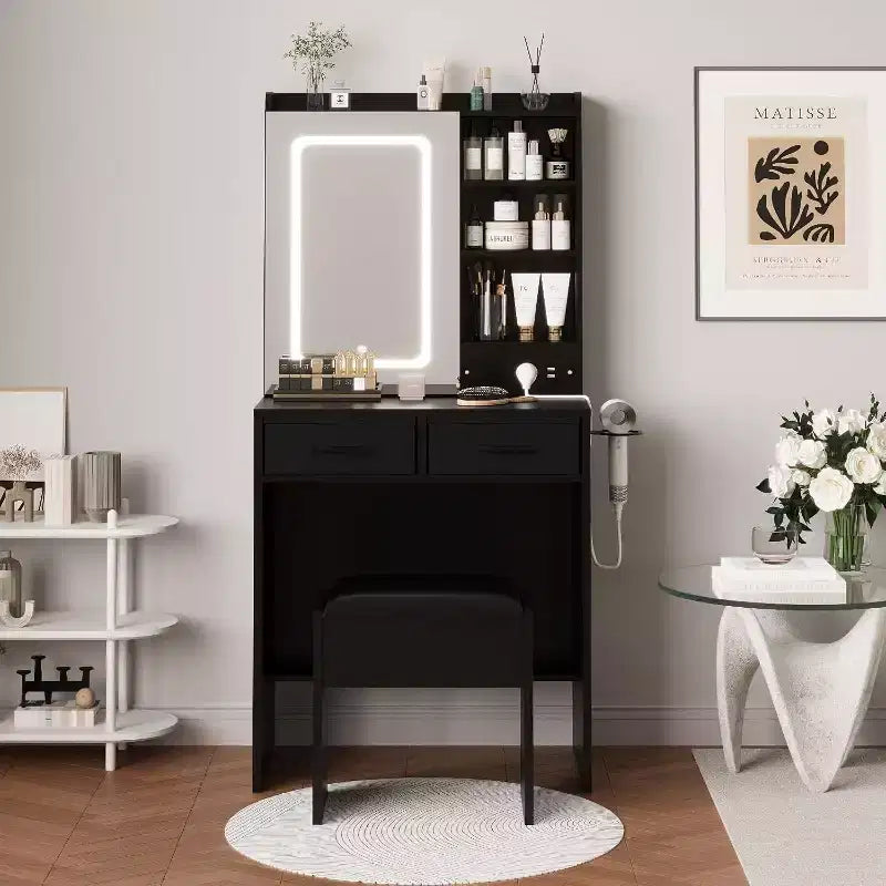 Coiffeuse de Maquillage avec Miroir et Lumières, Table de Maquillage avec Tiroirs et Prise de Courant pour Chambre de Fille Petit Espace