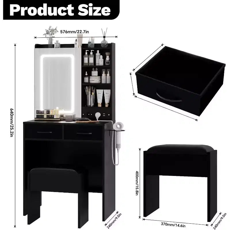 Coiffeuse de Maquillage avec Miroir et Lumières, Table de Maquillage avec Tiroirs et Prise de Courant pour Chambre de Fille Petit Espace