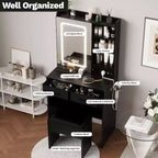 Coiffeuse de Maquillage avec Miroir et Lumières, Table de Maquillage avec Tiroirs et Prise de Courant pour Chambre de Fille Petit Espace