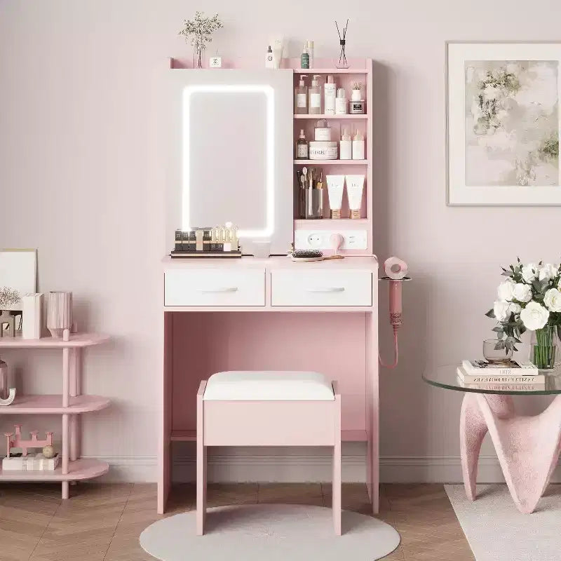Coiffeuse de Maquillage avec Miroir et Lumières, Table de Maquillage avec Tiroirs et Prise de Courant pour Chambre de Fille Petit Espace