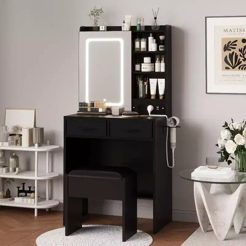 Makeup Vanity Desk with Mirror and Lights, Vanity Set with Chair, Make Up Dresser Table with Drawers and Power Outlet for Girls Bedroom Small Space